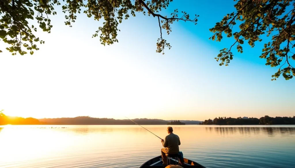 Generate an image of someone fishing at Lake Temescal