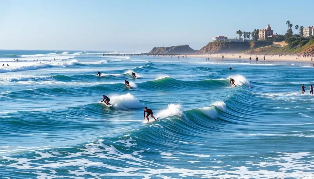 Generate an image of surfers at Pleasure Point