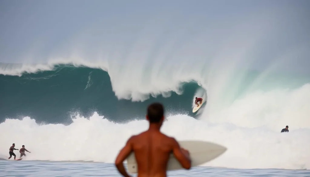Generate an image of surfers riding massive waves at Waimea Bay during The Eddie Big Wave Invitational.