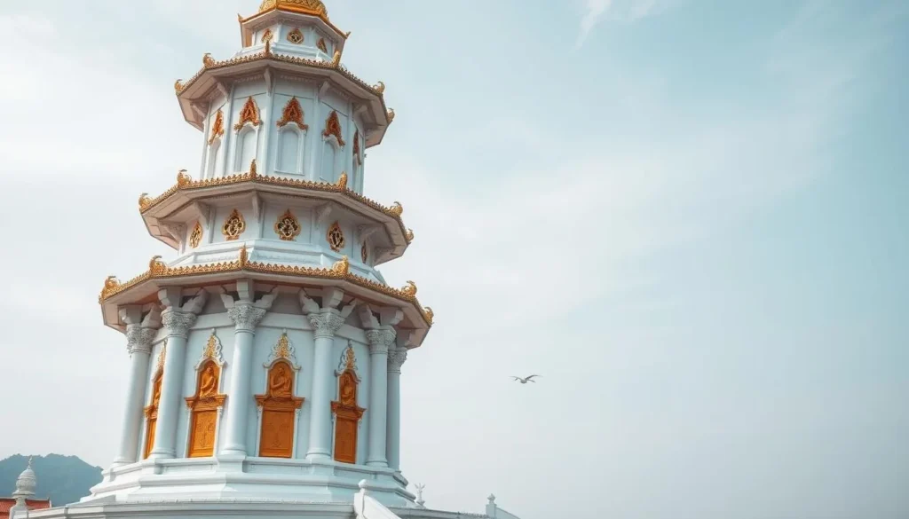 Generate an image of the 100 Pillar Pagoda with its distinctive white columns and Buddhist decorations.