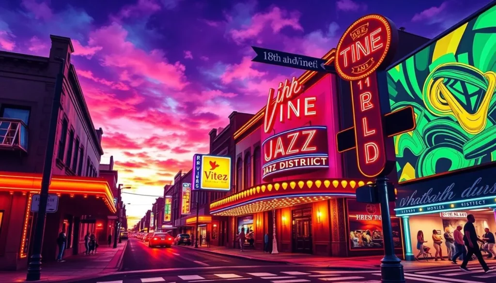 Generate an image of the 18th and Vine Jazz District, capturing its vibrant jazz scene and historic significance.