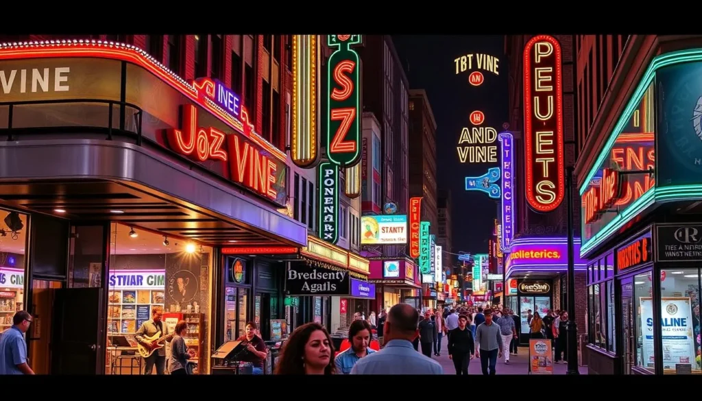 Generate an image of the 18th and Vine Jazz District in Kansas City, showcasing its historic significance and lively atmosphere.