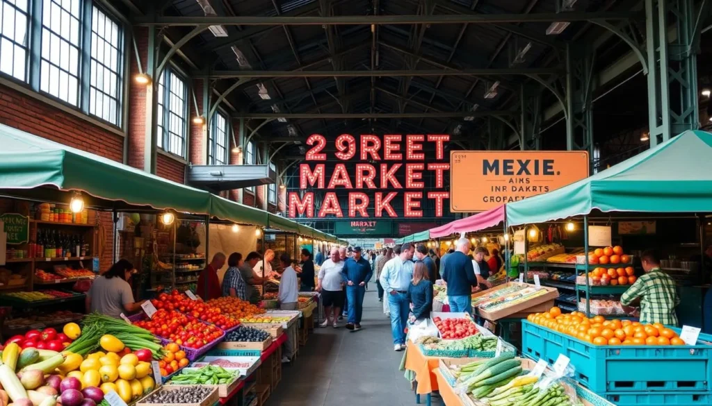 Generate an image of the 2nd Street Market, showing its historic freight house setting and local vendors selling fresh produce and artisanal foods.