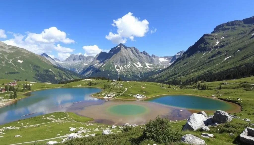 Generate an image of the 5 Lakes Hike at Pizol, showcasing the five alpine lakes and the surrounding mountain scenery.