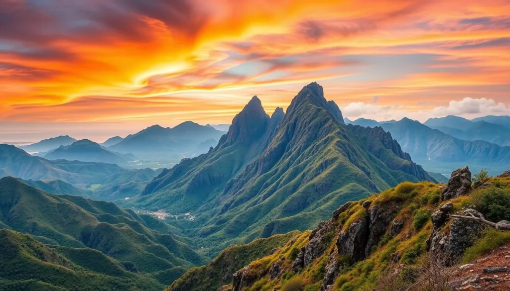 Generate an image of the Aakapa viewpoint with a jagged ridge resembling a sleeping dragon.