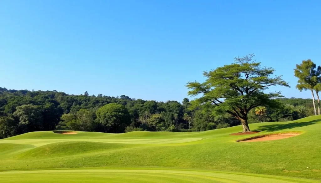 Generate an image of the Abakaliki Golf Club's 9-hole golf course with well-manicured greens and undulating knolls.