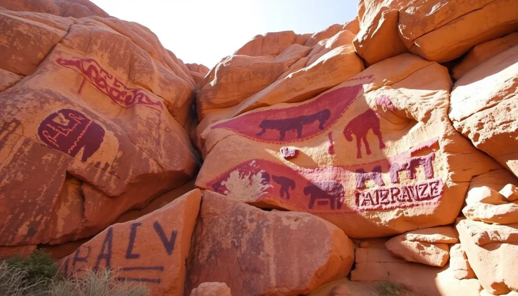Generate an image of the Abourma Rock Art Site, showcasing vibrant prehistoric paintings on rocky outcrops.