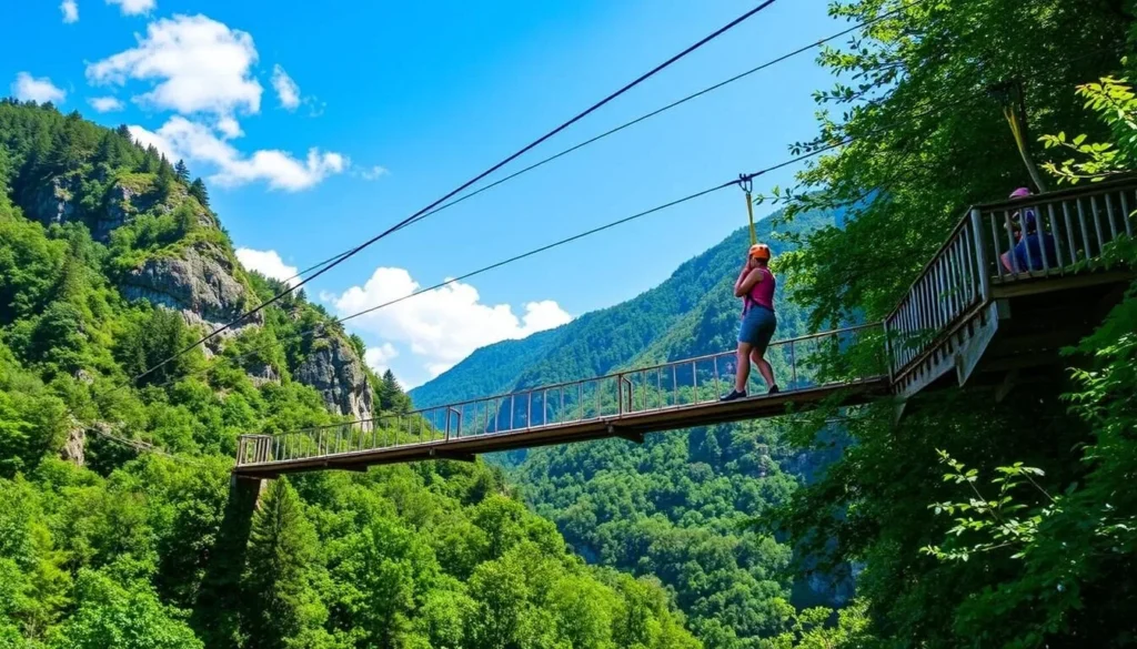 Generate an image of the Action Zipline Tours, showcasing the zipline runs and mountain suspension bridge.