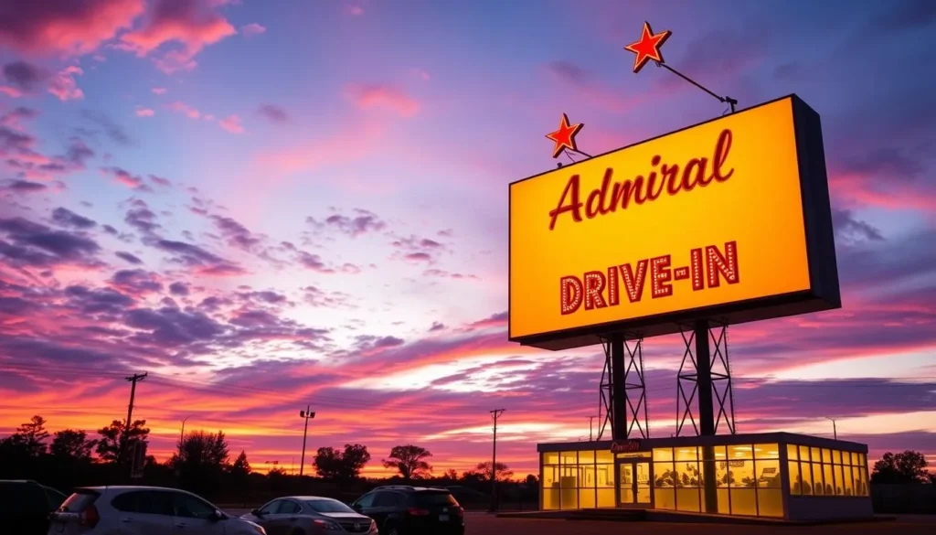 Generate an image of the Admiral Twin Drive-In's large screen at sunset.