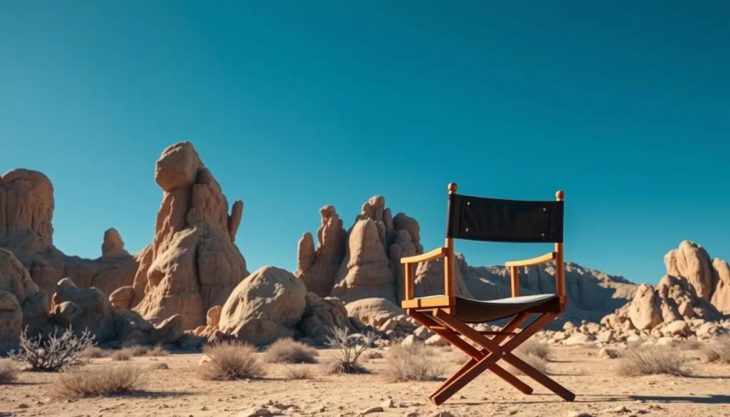 Generate an image of the Alabama Hills with its unique rock formations and a film director's chair in the foreground.