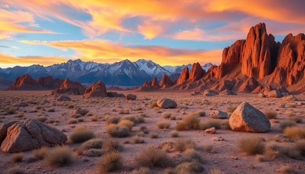 Generate an image of the Alabama Hills with the Sierra Nevada mountains in the background