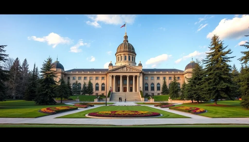 Generate an image of the Alberta Legislature Building and its surrounding grounds.