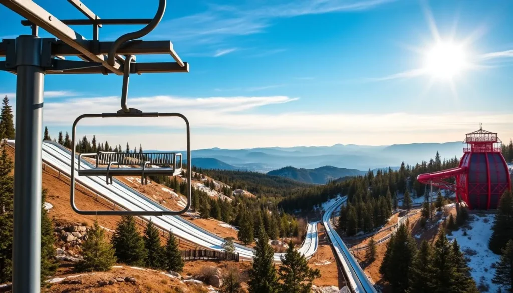 Generate an image of the Alpine Slide at Magic Mountain in Big Bear Lake, showcasing the scenic chairlift ride and the slide.