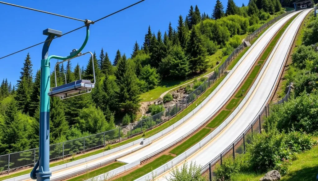 Generate an image of the Alpine Slide at Magic Mountain, showcasing the scenic chairlift and bobsled tracks.
