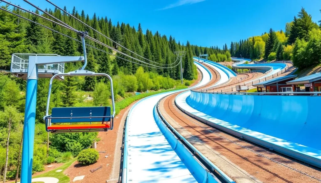 Generate an image of the Alpine Slide at Magic Mountain, showcasing the scenic chairlift and bobsled tracks.