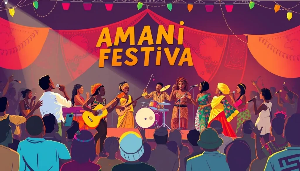 Generate an image of the Amani Festival, showcasing musicians performing on stage.