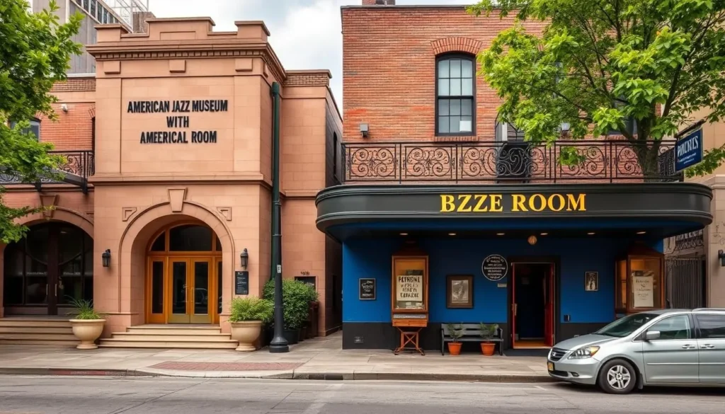 Generate an image of the American Jazz Museum and The Blue Room, highlighting their architectural design and jazz heritage.