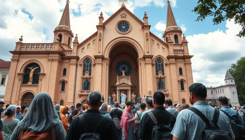 Generate an image of the Antipolo Cathedral with pilgrims visiting and praying.
