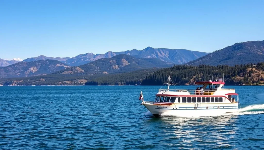 Generate an image of the Arrowhead Queen boat cruising on Lake Arrowhead with the San Bernardino Mountains in the background.