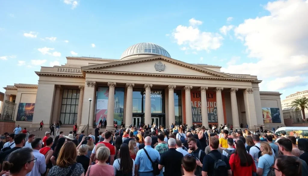 Generate an image of the Art Gallery of New South Wales with its modern architecture and a bustling crowd in front.