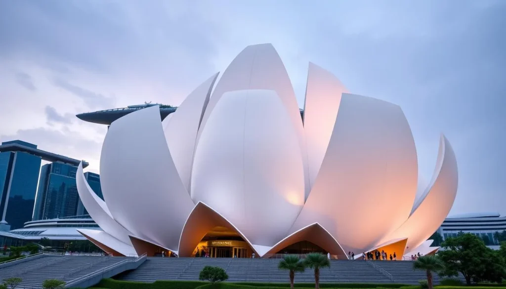 Generate an image of the ArtScience Museum's iconic lotus-shaped design at Marina Bay Sands.