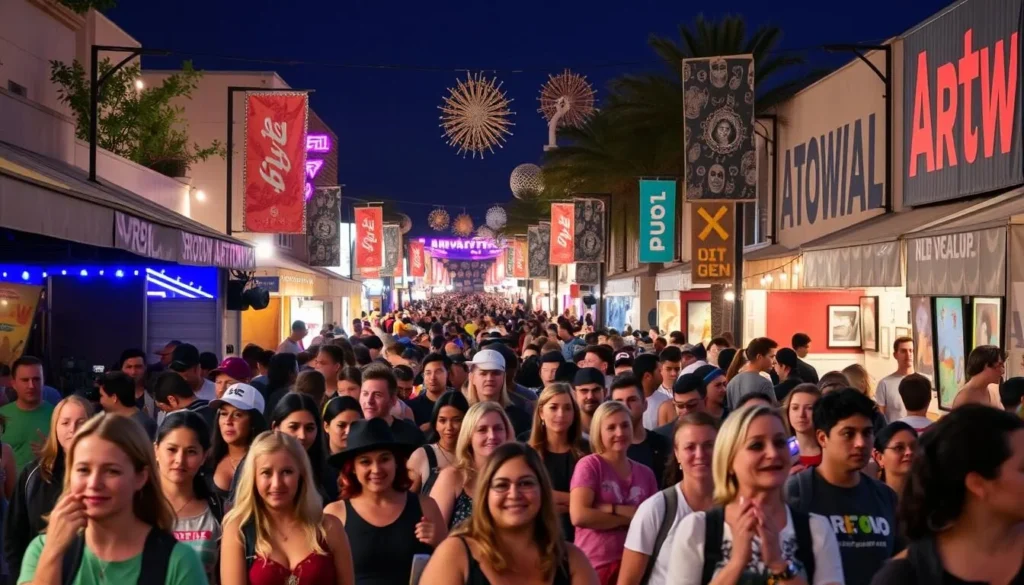 Generate an image of the Artown Festival in Reno, featuring a crowded street with people enjoying live music and art exhibitions.