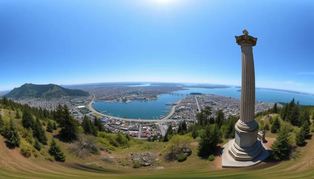 Generate an image of the Astoria Column with a 360-degree view of the city and the Columbia River.