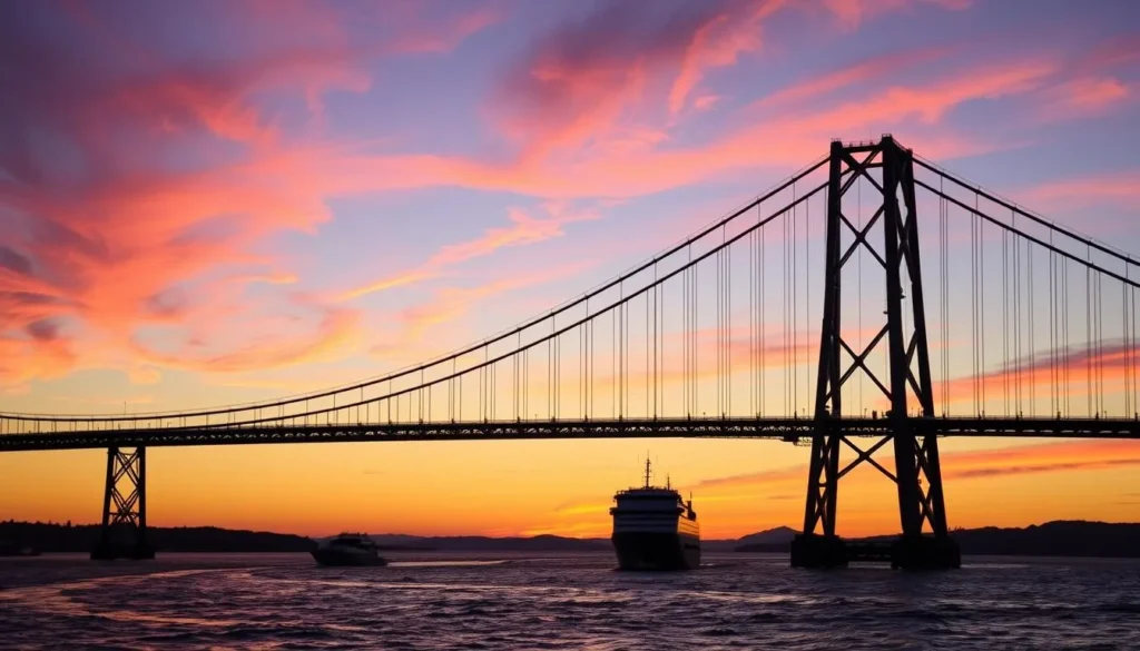 Generate an image of the Astoria-Megler Bridge at sunset with ships passing underneath.