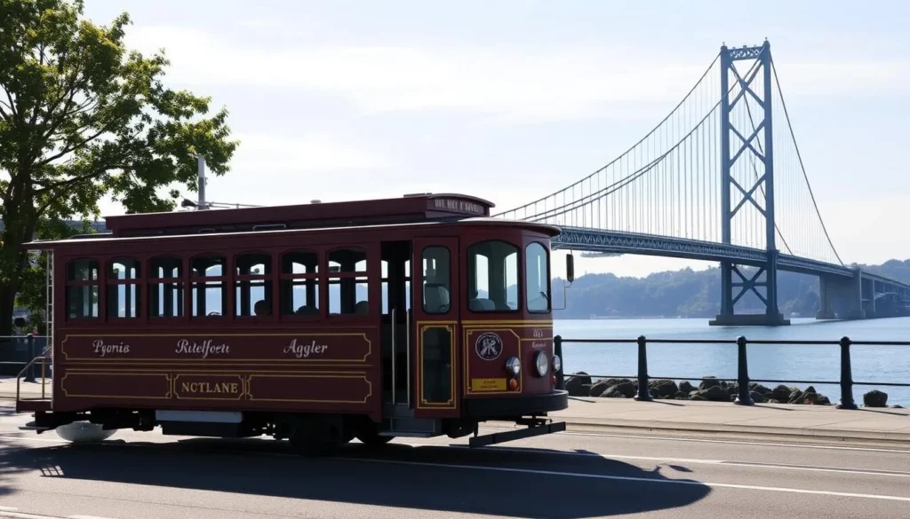 Generate an image of the Astoria Riverfront Trolley in action, moving along the waterfront with the Astoria-Megler Bridge in the background.