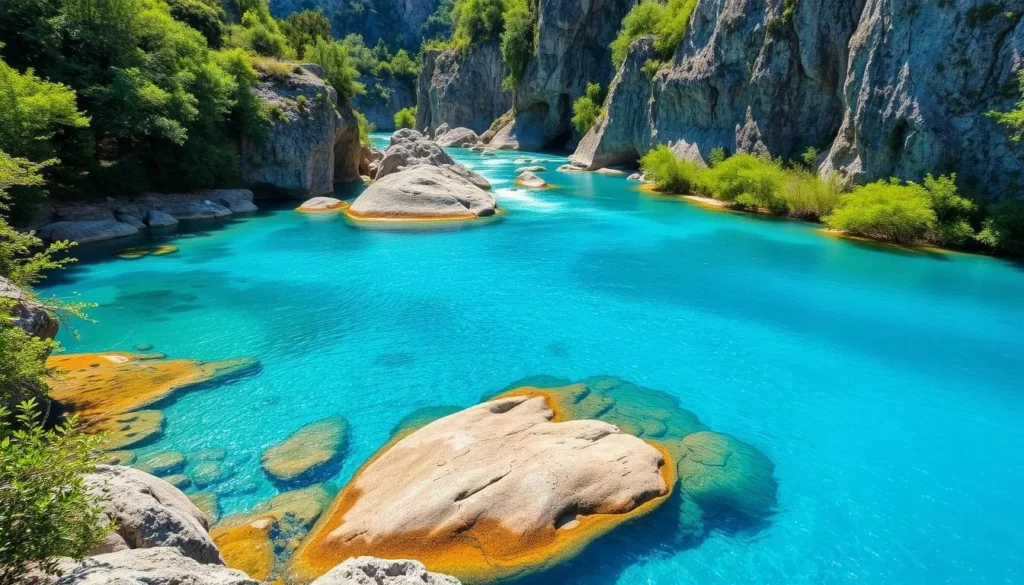 Generate an image of the Azumini Blue River with crystal-clear blue waters surrounded by lush green vegetation and stunning rock formations.