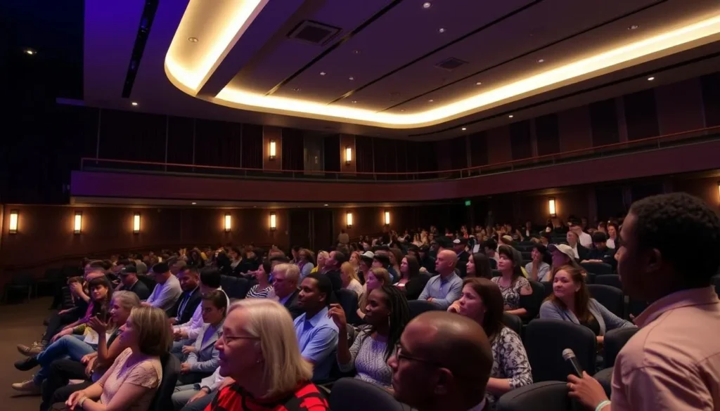 Generate an image of the Bankhead Theater's modern interior, showcasing its intimate setting and diverse audience.