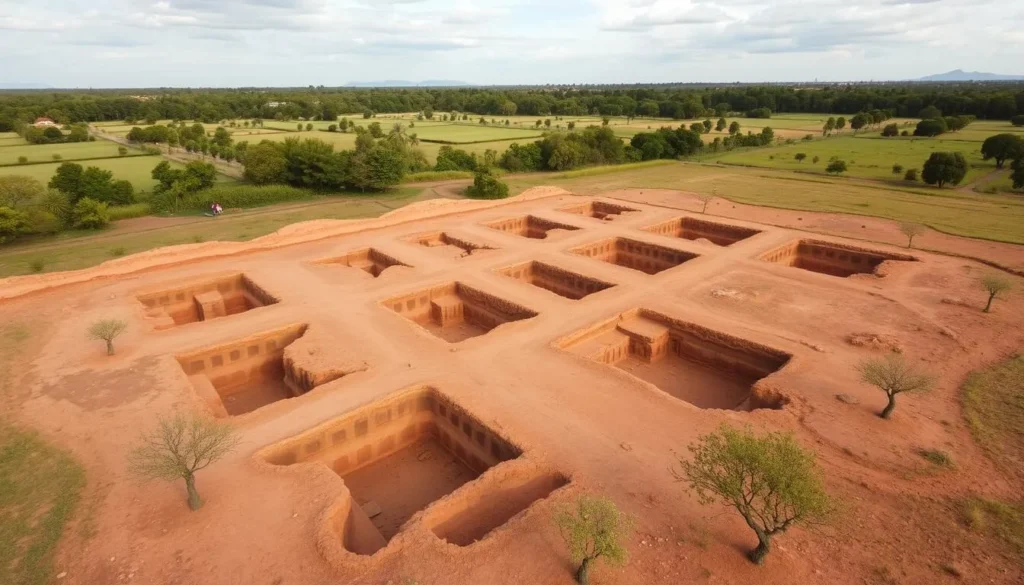 Generate an image of the Banprasat Archaeological Site, showcasing its excavation pits and artifacts