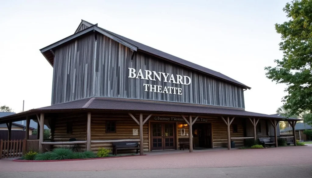 Generate an image of the Barnyard Theatre in Vereeniging, showcasing its rustic timber barn setting.