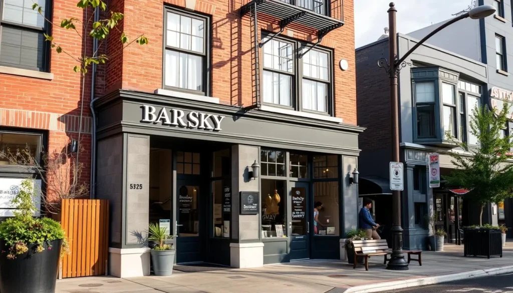 Generate an image of the Barsky Gallery's exterior on Newark Street.