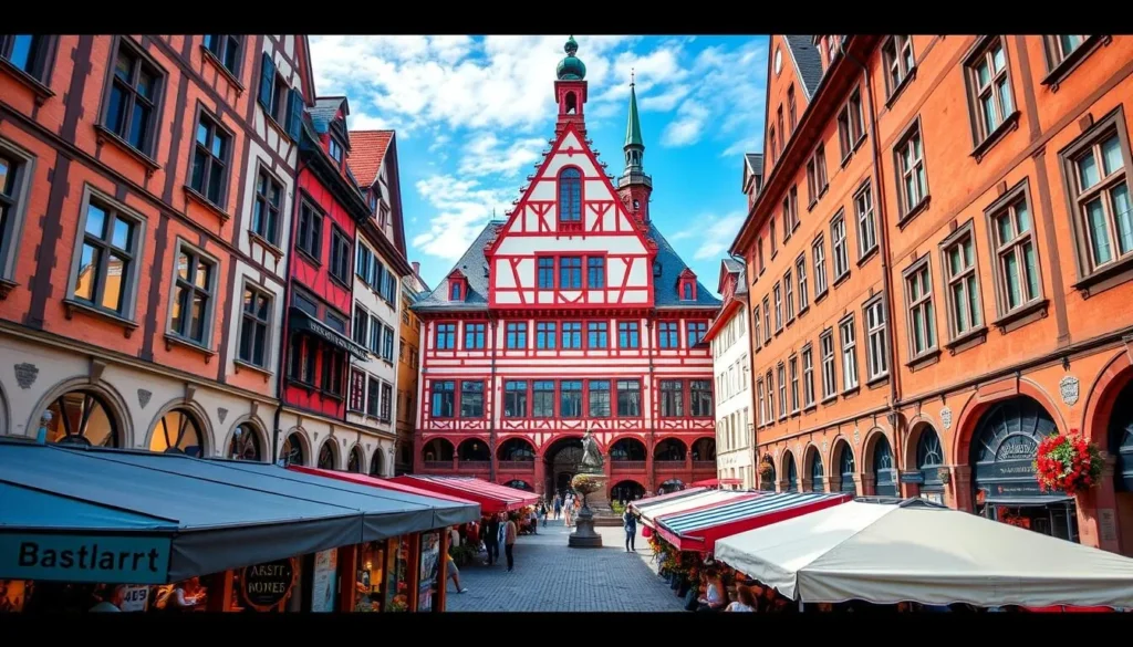 Generate an image of the Basel Marktplatz with the red Rathaus in the background.