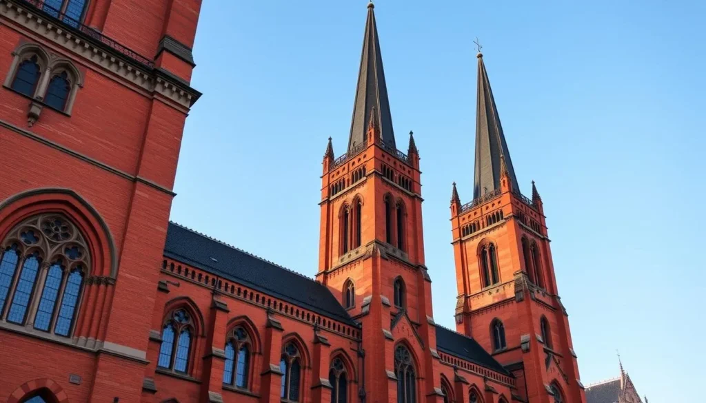 Generate an image of the Basel Minster with its distinctive red sandstone exterior and twin towers.