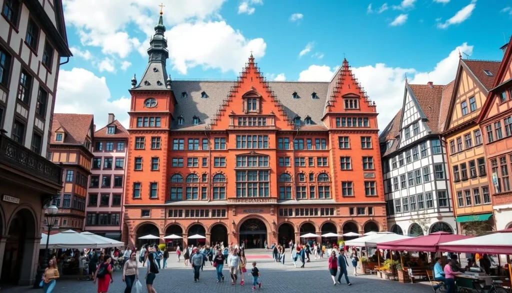 Generate an image of the Basel Town Hall (Rathaus) with its striking red sandstone facade and the vibrant Marktplatz in front.