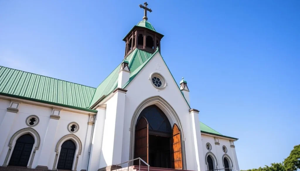 Generate an image of the Basilique Sainte-Anne du Congo with its distinctive green roof and copper doors.