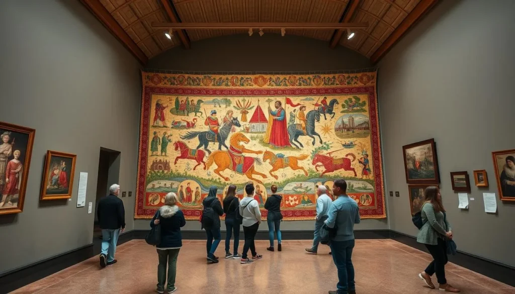 Generate an image of the Bayeux Tapestry on display in a museum.