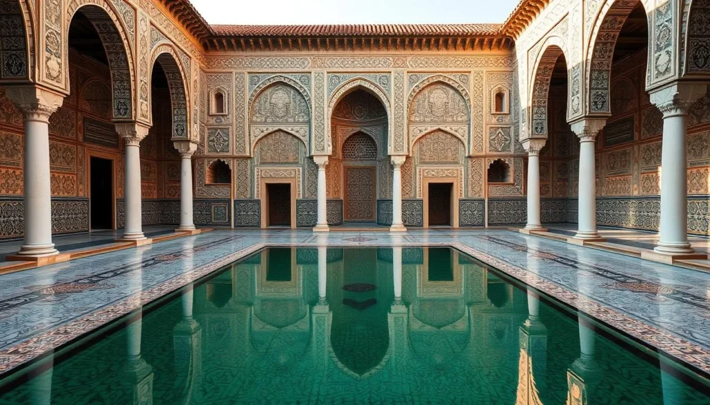 Generate an image of the Ben Youssef Madrasa's central courtyard with its reflective pool and intricate zellij tilework.