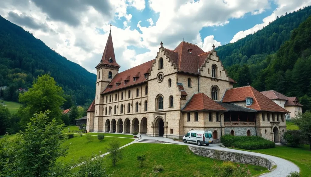 Generate an image of the Benedictine Convent of St. John in Müstair, showcasing its Romanesque architecture and picturesque surroundings.