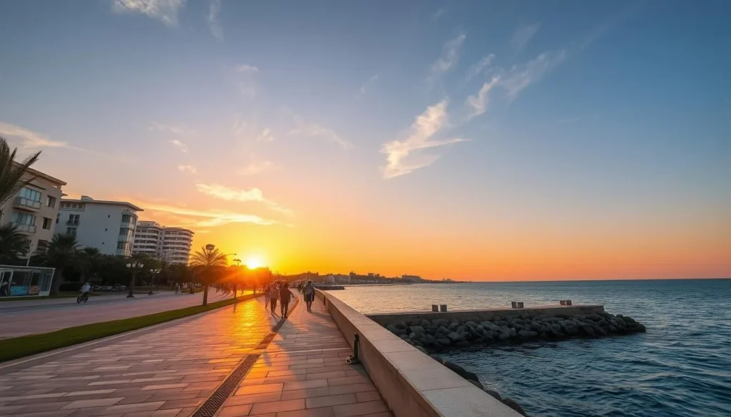 Generate an image of the Benghazi Corniche at sunset, showcasing its Mediterranean views and leisurely walkways.