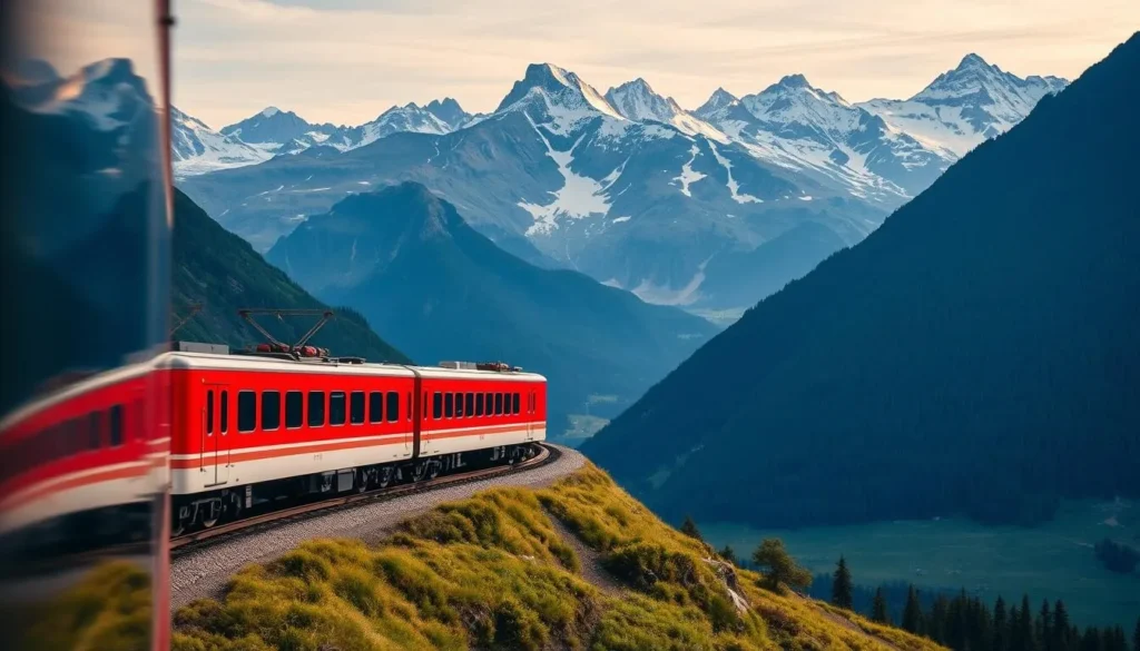 Generate an image of the Bernina Express train traveling through the Swiss Alps.