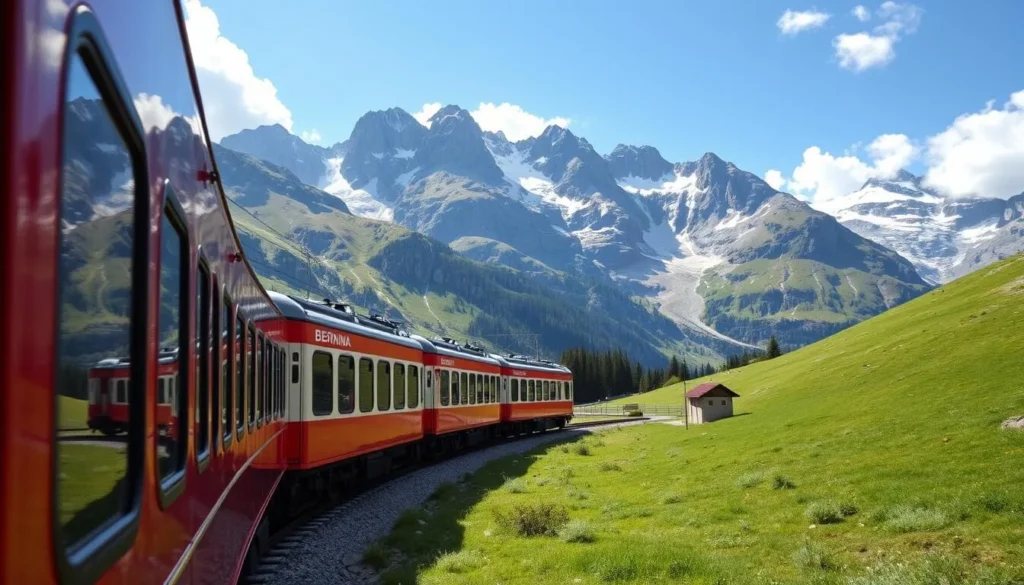 Generate an image of the Bernina Express train traversing through the Swiss Alps.