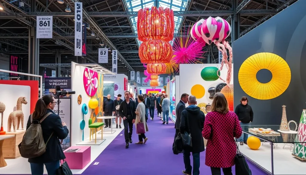 Generate an image of the Biennale Internationale Design in St-Étienne, showcasing its vibrant design exhibitions and installations.