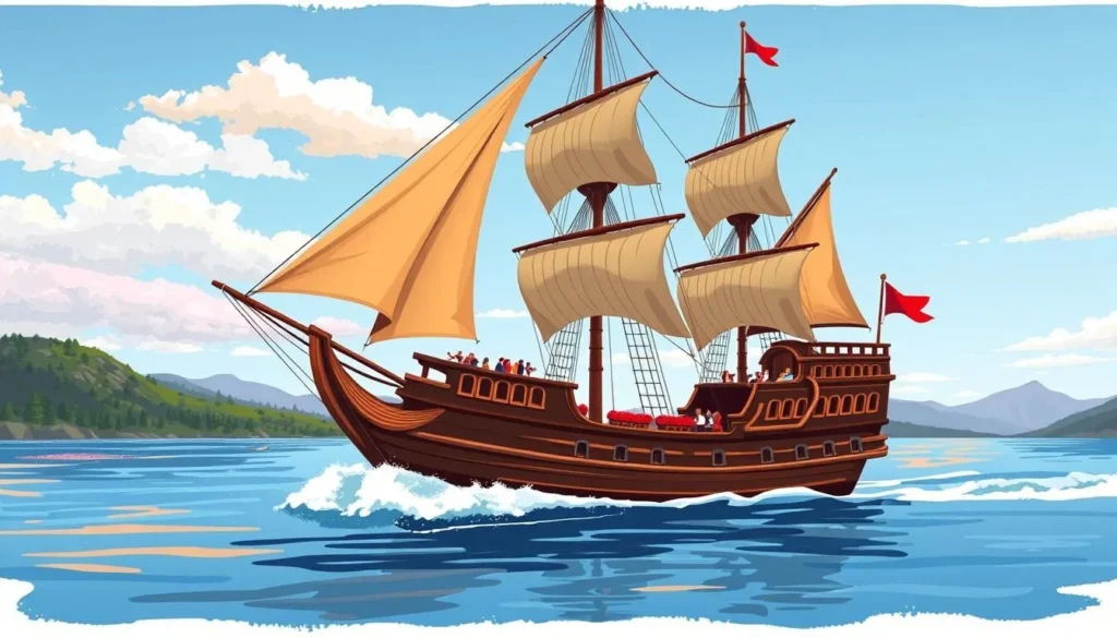 Generate an image of the Big Bear Pirate Ship cruise, depicting the 1/3-scale replica of a Spanish galleon sailing on Big Bear Lake.