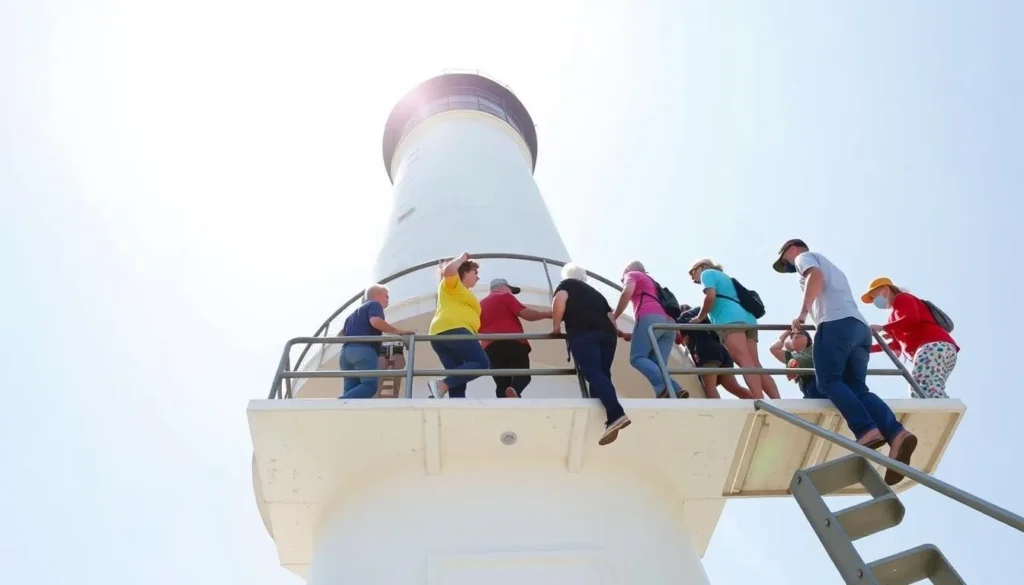 Generate an image of the Biloxi Lighthouse with a guided tour group climbing to the top.