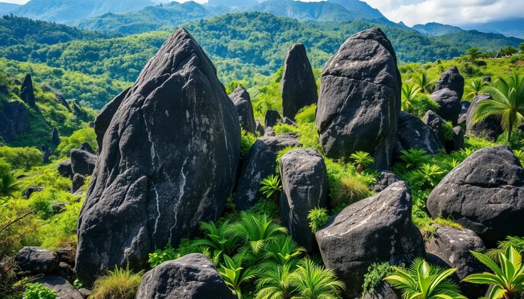 Generate an image of the Black Stones of Pungo Andongo, showcasing their unique rock formations and surrounding landscape.