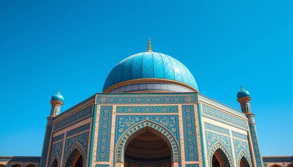Generate an image of the Blue Mosque in Mazar-i-Sharif, Afghanistan, showcasing its stunning blue tile work and azure dome.