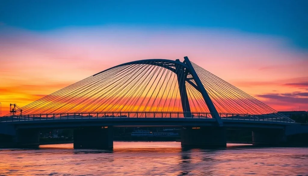 Generate an image of the Bob Kerrey Pedestrian Bridge at sunset.